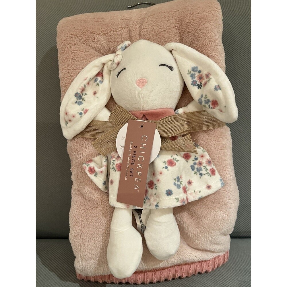 Chick Pea Baby Blanket Pink Floral Bunny Lovey Set Plush Toy Girls Ribbed Trim